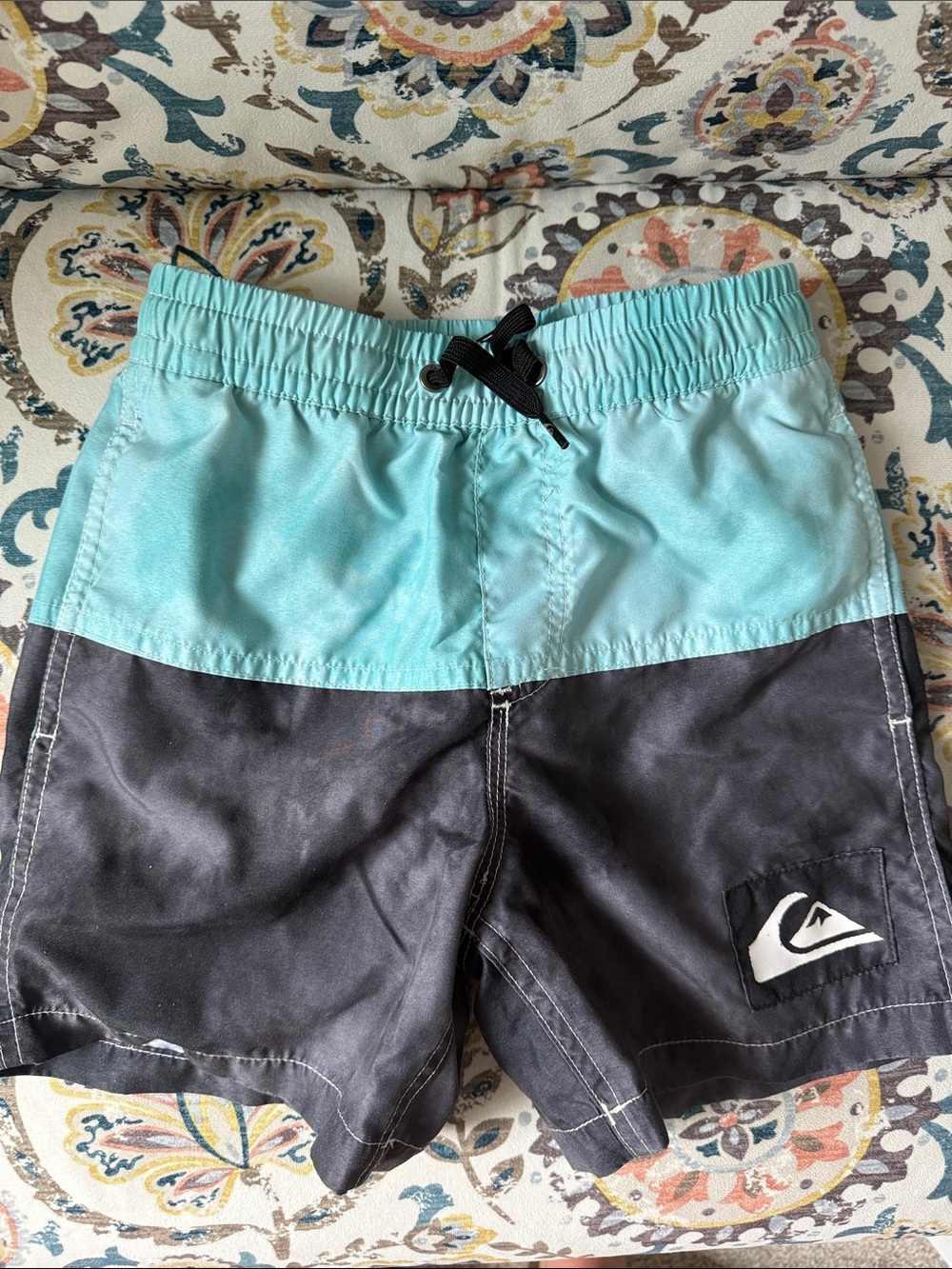 Quiksilver Teal and Black Boys Colorblock Swim Trunks